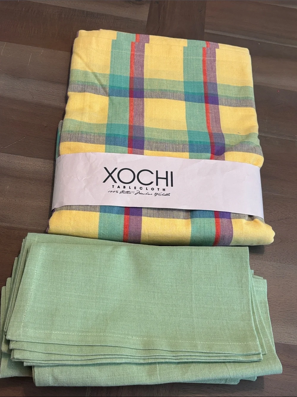 Yellow Plaid Tablecloth with Multicolor Stripes with 6 green cloth napkins